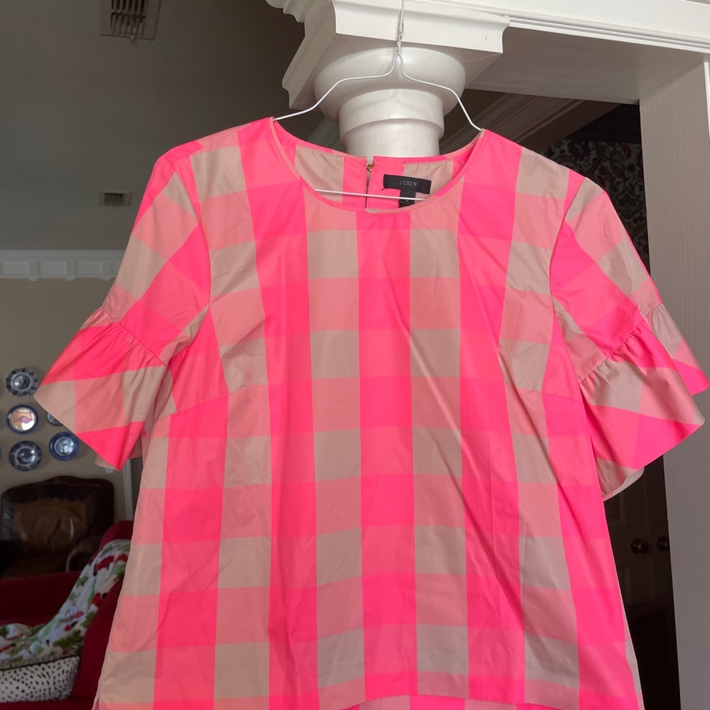 NWT J Crew Neon pink Buffalo check ruffled top 10